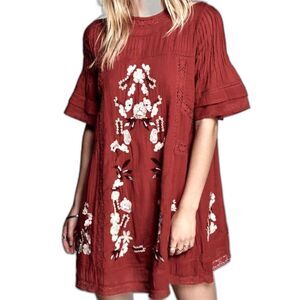 Free People Floral Embroidered Rust Red 100% Cotton Swing Dress Size Medium